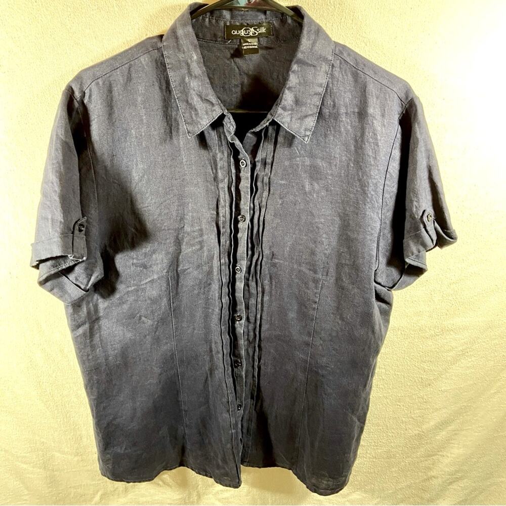August silk women 100% linen navy blue button up‎ shirt sleeve shirt breathable
